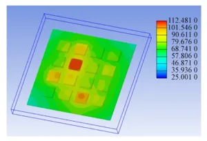 Fig.7 Steady state temperature field cloud map of PCB and electronic components before optimization